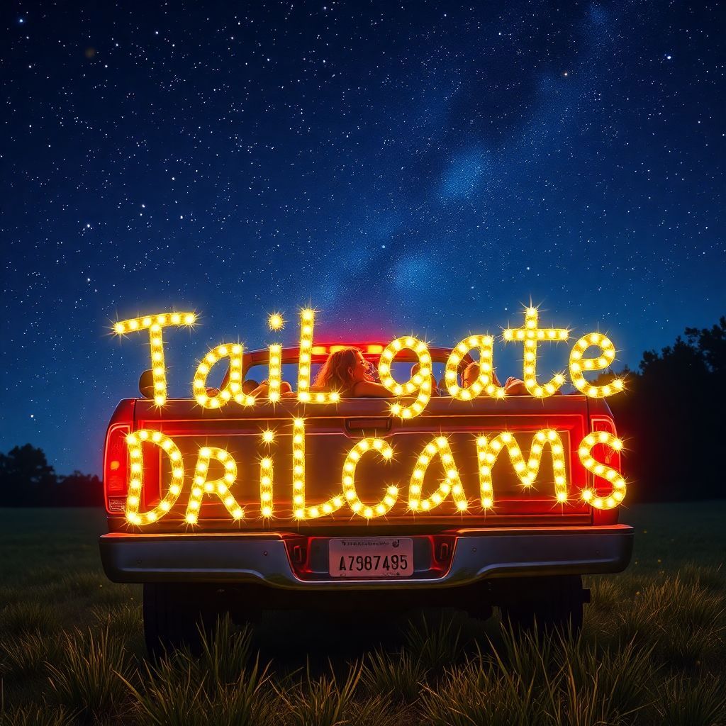 Country AI Album Cover — A vibrant and dreamy music album cover featuring a tailgate scene under starry night skies; the focal point is a truck with friends sitting on the tailgate, laughter in the air, surrounded by glowing fireflies and neon lighting. Text 'Tailgate Dreams' woven into the stars, bright colors, photorealistic, highly detailed, emotional atmosphere