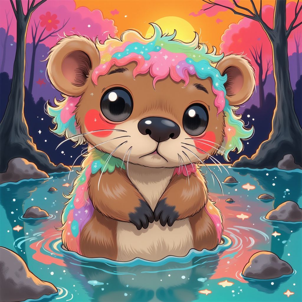 Synth-Pop AI Album Cover — A whimsical illustration of a playful beaver with sparkling, vibrant fur, against a colorful, surreal wetland backdrop; psychedelic colors, exaggerated expressions, energetic movement, 8k resolution, soft lighting to evoke a sense of fun and chaos, highly detailed, capturing the essence of synth-pop rhythm.
