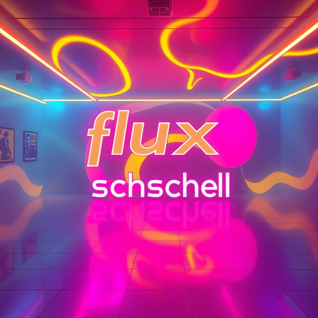 Funk AI Album Cover — A surreal funk album cover showing a groovy dance floor illuminated by glowing neon lights, with the title "flux schnell" artistically integrated into the scene; bold use of yellows and pinks, abstract shapes undulating, dreamy atmosphere, sharp focus, high quality rendering, 8k resolution