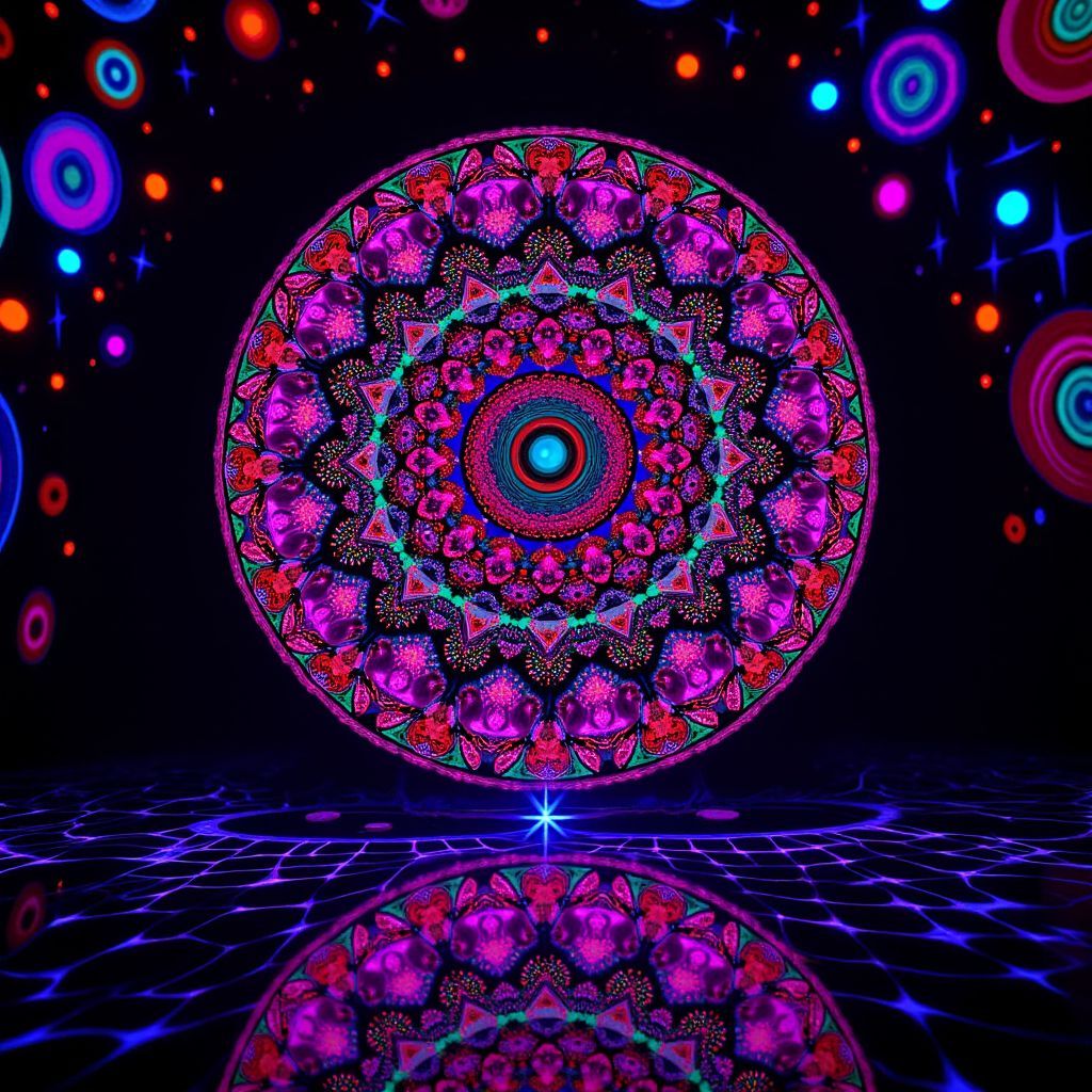 Trance AI Album Cover — A psychedelic black light illustration of a kaleidoscope of colors radiating from a crystal orb in a cosmic backdrop; intense reds, greens, and blues, rich patterns, 8k high detail, immersive atmosphere with sparkling light effects.