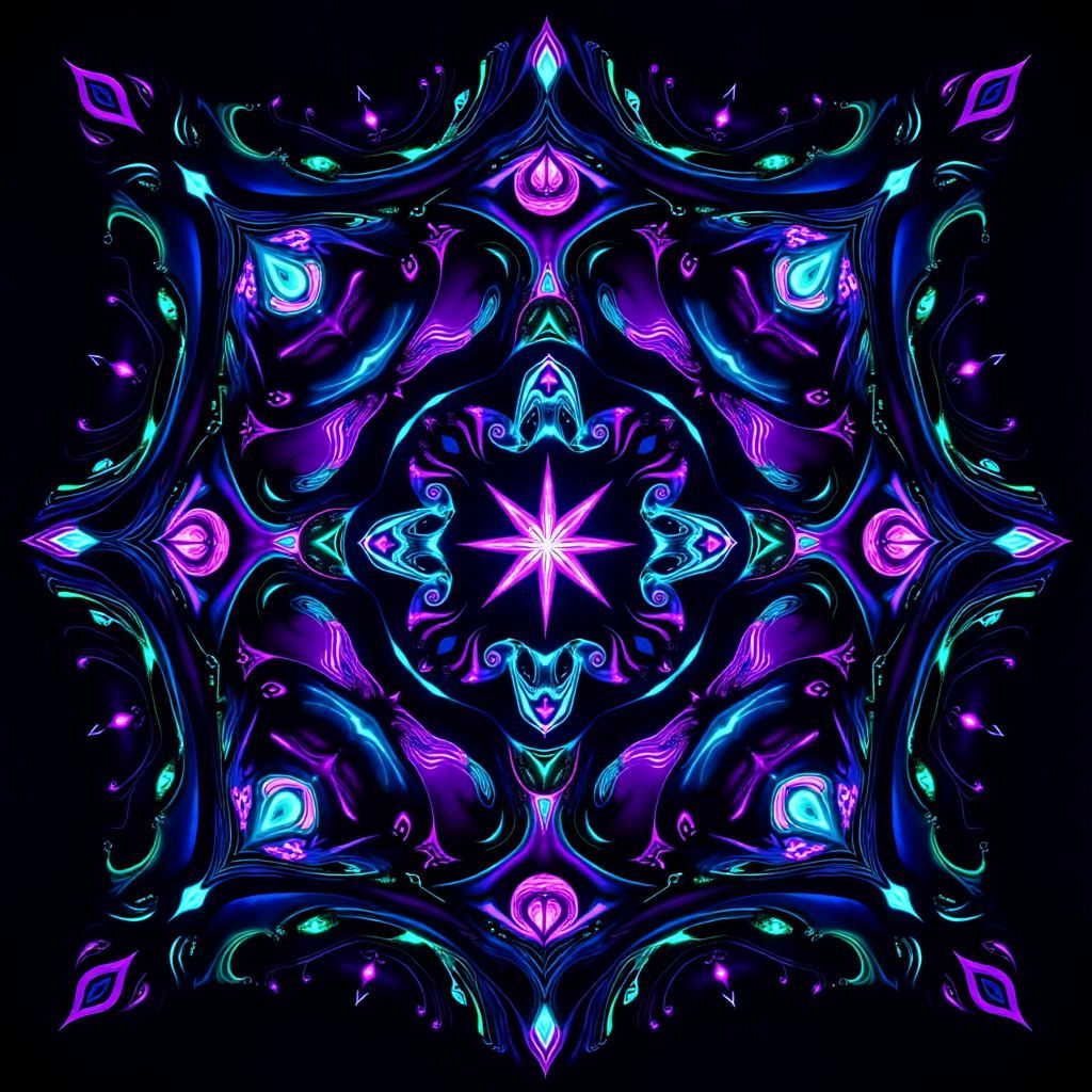 Electronic AI Album Cover — An abstract black light cover design with swirling geometric shapes and luminous waves radiating from a central star; deep blues, purples, and electric greens creating a cosmic feel, moody lighting, high quality, sharp focus, representing the emotional depth of the music's journey.