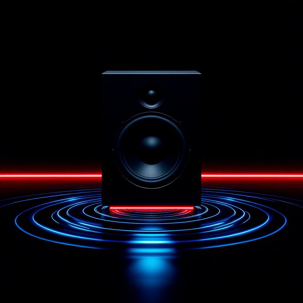 Dubstep AI Album Cover — A minimalist and futuristic album cover with a lone subwoofer emitting sound waves, stark contrast design, use of black and white with a hint of red, high resolution and sharp detail