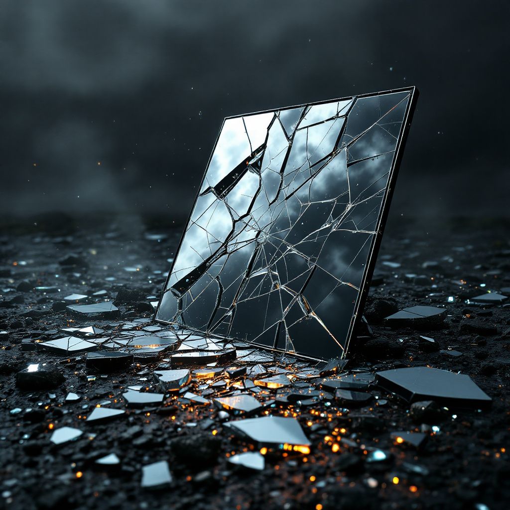 Grunge AI Album Cover — A shattered mirror on the ground, reflecting an overcast sky, grunge surrealism, muted grey and silver tones, dramatic lighting, highly detailed texture, 8k resolution