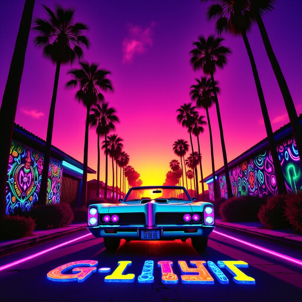 Rap AI Album Cover — A vibrant G-Funk album cover featuring a sun-soaked California street scene with palm trees, a vintage convertible with neon accents, and graffiti art, psychedelic colors glowing under black light; ethereal atmosphere, highly detailed illustration, emphasizing warmth and nostalgia, 8k resolution