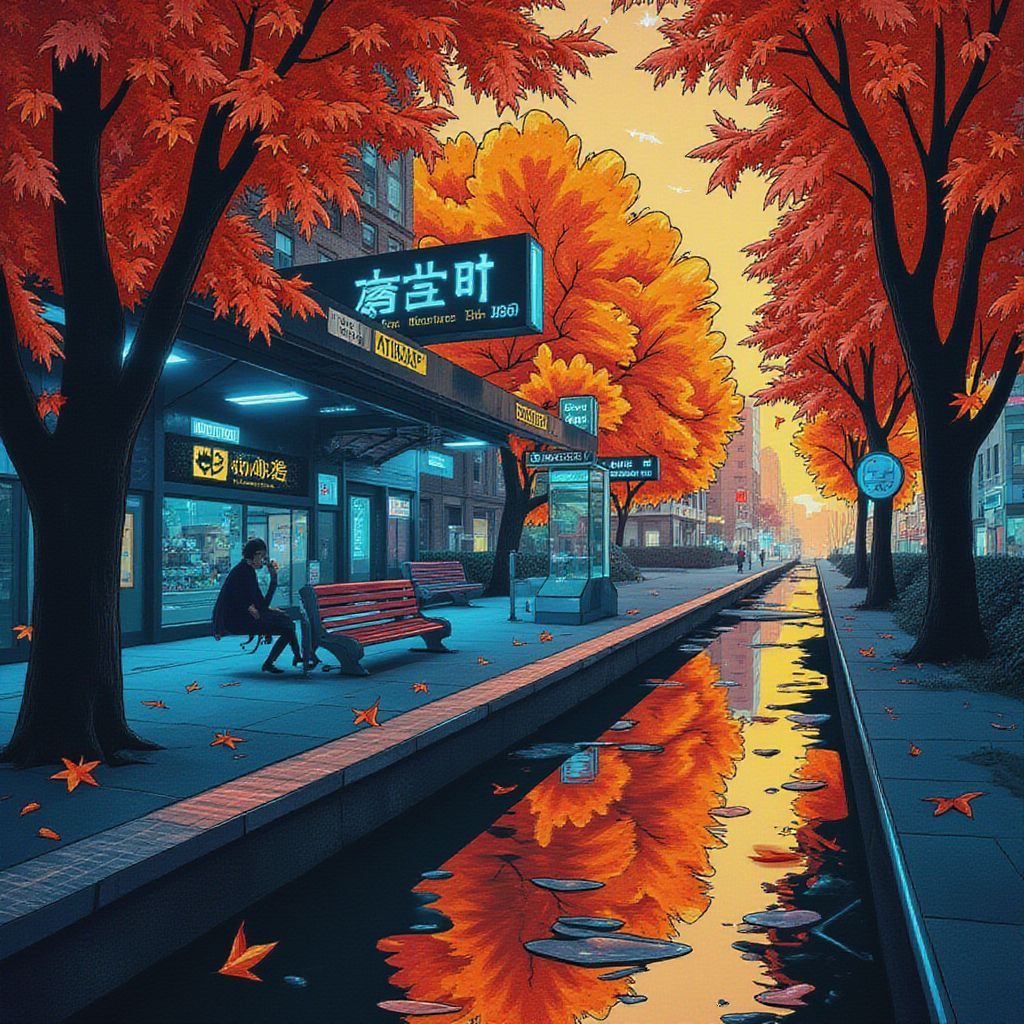 Lo-Fi AI Album Cover — A futuristic lo-fi album cover depicting a serene, autumn platform in 2090, half-illustrated with hand-drawn trees shedding leaves; ethereal lighting highlighting neon reflections in puddles, moody atmosphere with warm orange and cool blue tones, highly detailed, 8k quality.