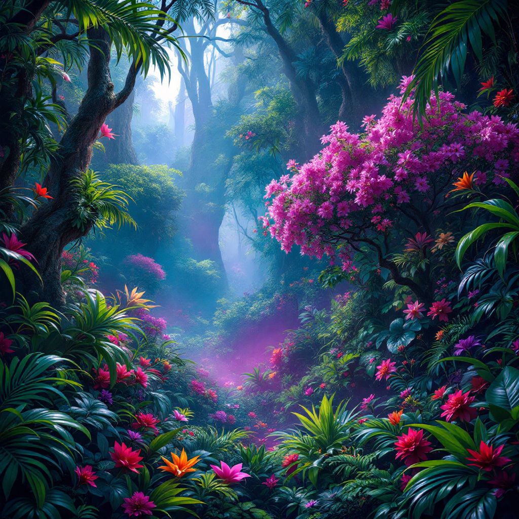 Reggaeton AI Album Cover — A mystical jungle setting with wildlife and hidden reggaeton performers, lush and vibrant, high contrast, vivid greens and tropical colors, highly detailed, 4K resolution