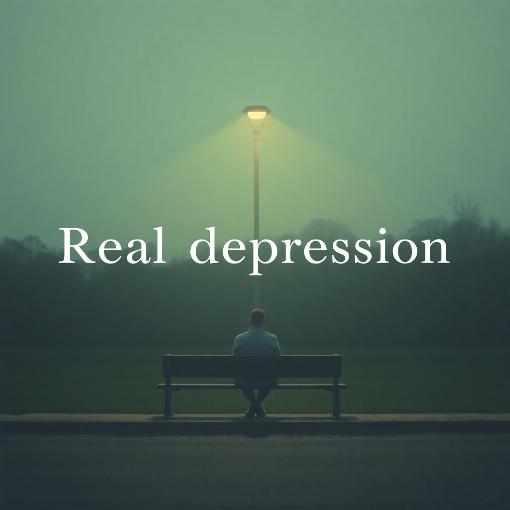 Lo-Fi AI Album Cover — A melancholic lo-fi music album cover featuring a solitary figure sitting on a park bench under a streetlight; minimalistic style with a dreamy atmosphere, soft pastel colors, and muted lighting; the title "Real Depression" integrated into the scene with elegant typography; highly detailed, 8k resolution, introspective and emotional feel.