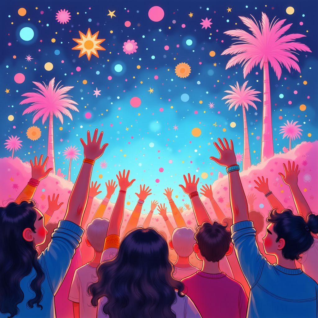 Soundtrack AI Album Cover — A vibrant and energetic album cover featuring a crowd of animated characters dancing with raised hands, colorful explosions of confetti and lights in a whimsical environment; playful illustration style, neon color palette with electric blues and pinks, capturing the thrill of music and celebration, highly detailed, 8k quality, dynamic movement and joyful energy