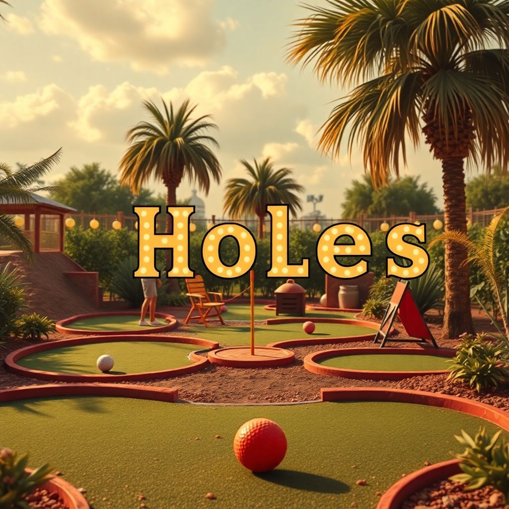 Americana AI Album Cover — A surreal vintage movie poster style cover with a summer-themed mini-golf scene filled with cheeky adult-themed golf obstacles. Include the title "Holes" in a stylish, prominent font; warm colors, ethereal lighting, dreamy atmosphere, photorealistic details, nostalgic vibe