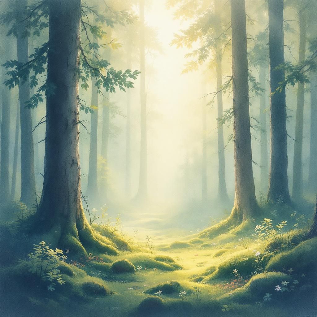Meditation AI Album Cover — A serene landscape in soft focus, depicting a tranquil forest with ethereal light filtering through the trees; watercolor style, pastel colors of greens and blues, evoking peace and gratitude; high quality and detailed, 8k resolution, minimalist and dreamy atmosphere.