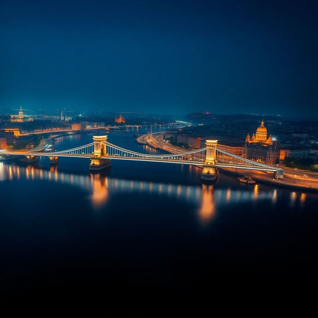Trance AI Album Cover — A stunning aerial shot of the Chain Bridge over the Danube River at night, with reflections of vibrant city lights; deep blue color palette with natural glow; photorealistic style, cinematic long exposure effect, integrating the title 'Trance Universe' beautifully into the skyline, creating an ethereal and dreamy atmosphere, highly detailed, 8k resolution