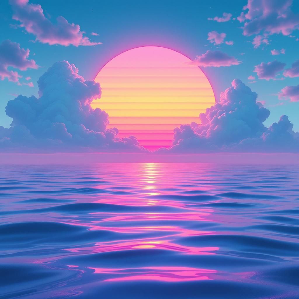 Electronic AI Album Cover — A dreamy electronic album cover titled 'Dayglow', featuring a surreal sunset over a calm ocean; vibrant pink, orange, and teal color palette, ethereal lighting reflecting on water, highly detailed textures, abstract shapes blending into the horizon, 8k resolution, creating a tranquil and uplifting atmosphere.