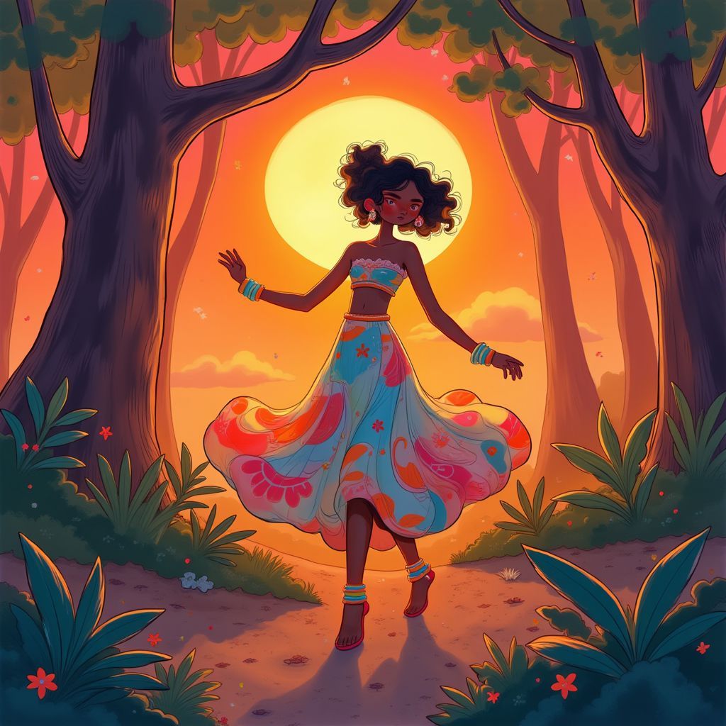 Afrobeat AI Album Cover — A whimsical illustration of a lively Afrobeat scene featuring a joyful woman with vibrant clothing dancing at dusk, colorful swirling lights in the background, enchanted forest vibes, illuminated by warm sunset tones, highly detailed and dynamic composition, 8k resolution, energetic atmosphere