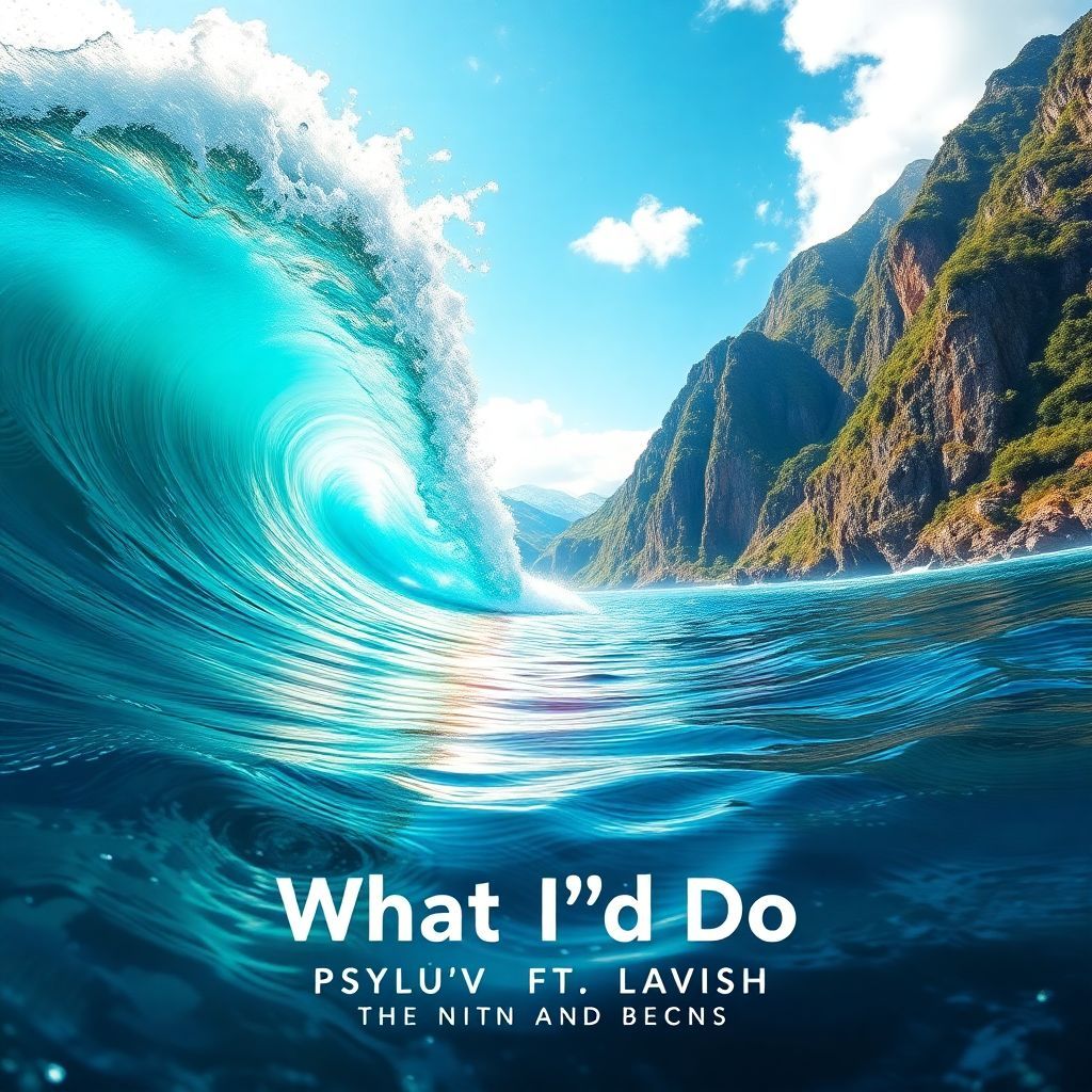 Pop AI Album Cover — A vibrant, surreal pop album cover featuring a dreamlike ocean wave interwoven with lush mountains; the title "What I’d Do" is integrated into the water with flowing typography, bright colors and soft, ethereal lighting; highly detailed and visually captivating, 8k resolution.