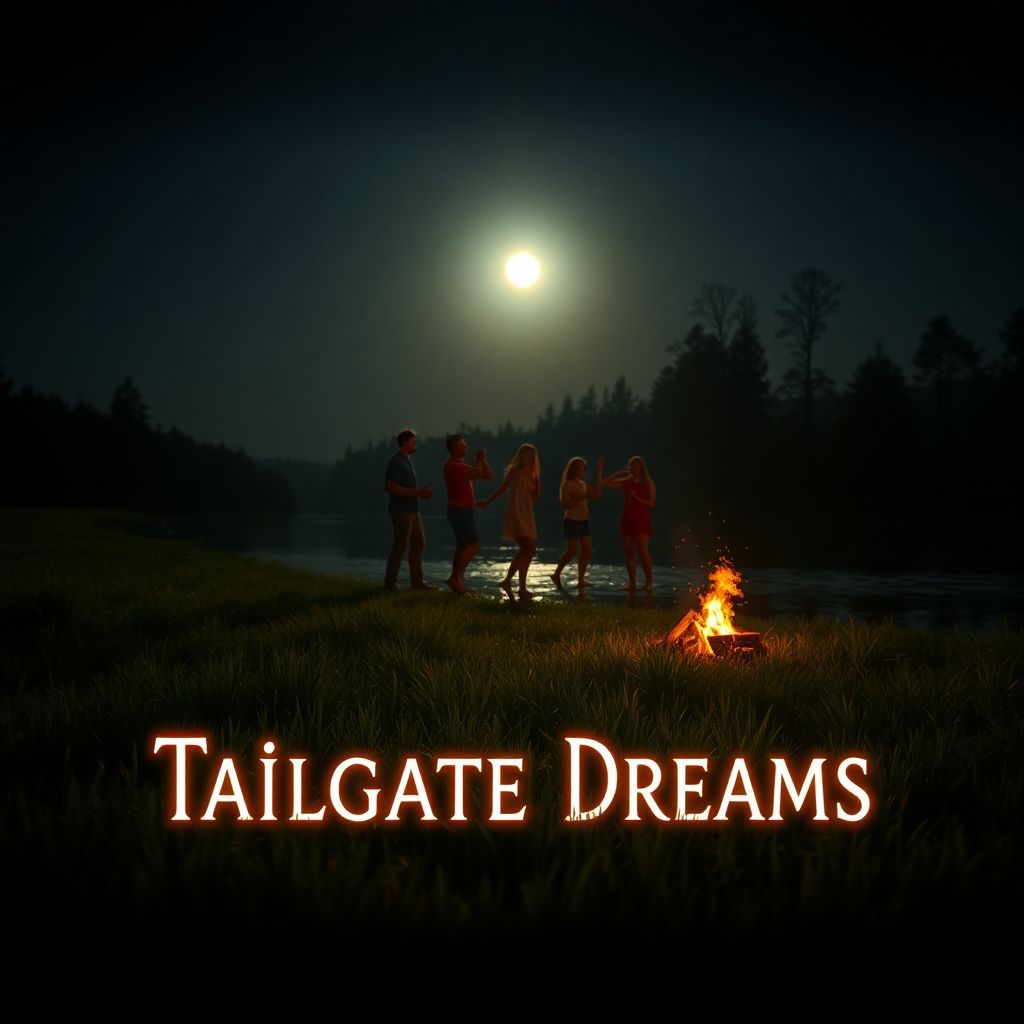 Country AI Album Cover — A serene and ethereal album cover capturing a peaceful creek side at night with friends dancing barefoot; a glowing moonlight reflecting on the water and soft flames of a campfire illuminate the scene. The title 'Tailgate Dreams' elegantly integrated into the grass, warm tones, atmospheric, 8k resolution, soft focus, nostalgic feel