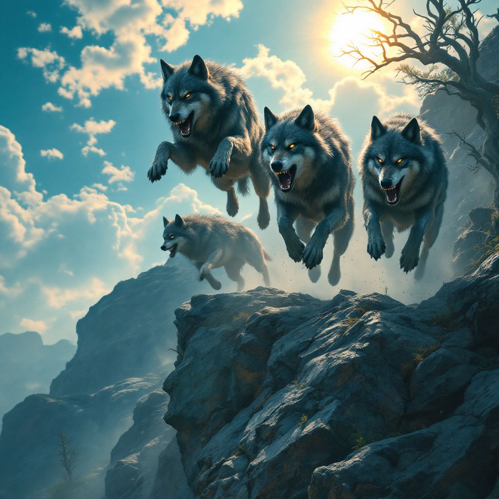 Punk AI Album Cover — A pack of wolves mid-air in a dramatic cliff jumping scene, punk-inspired style, dynamic energy, with an ethereal mist surrounding them, vibrant contrast between the dark cliff and bright sky, crimson and silver color palette, cinematic lighting, photorealistic, highly detailed, 8k resolution, embodies the raw rebellion of punk music.
