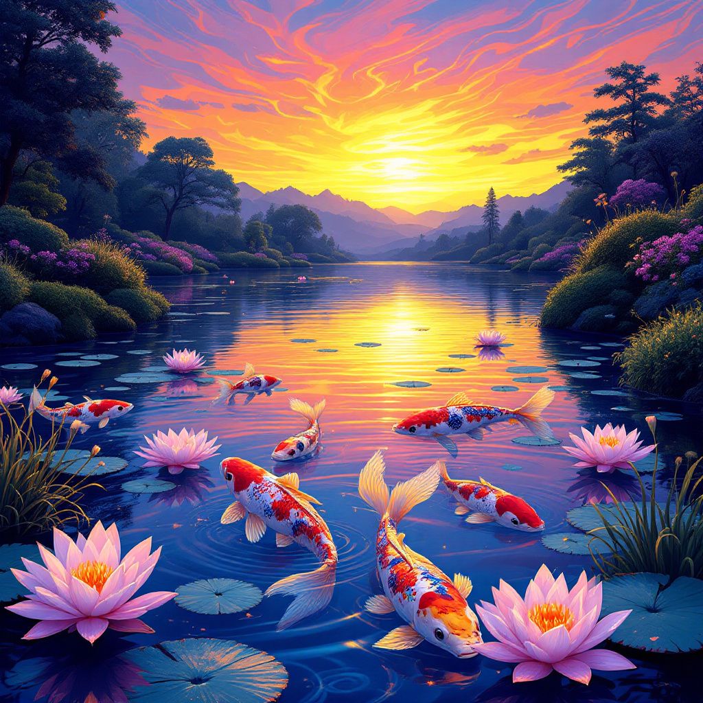 J-Pop AI Album Cover — Whimsical illustration of a koi pond, koi swimming gracefully, colorful and psychedelic imagery, surrealist themes, light reflecting on water, primary oranges and blues, highly detailed