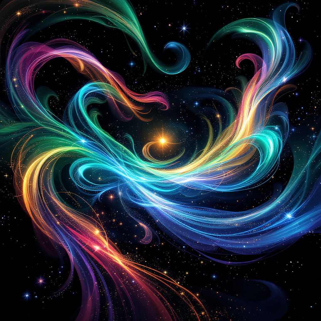 Dubstep AI Album Cover — A cosmic dance of swirling colors representing beats and rhythms, dreamy and surreal style, panoramic view, glows and shimmers in a spectrum of colors, pristine quality, artistically rich