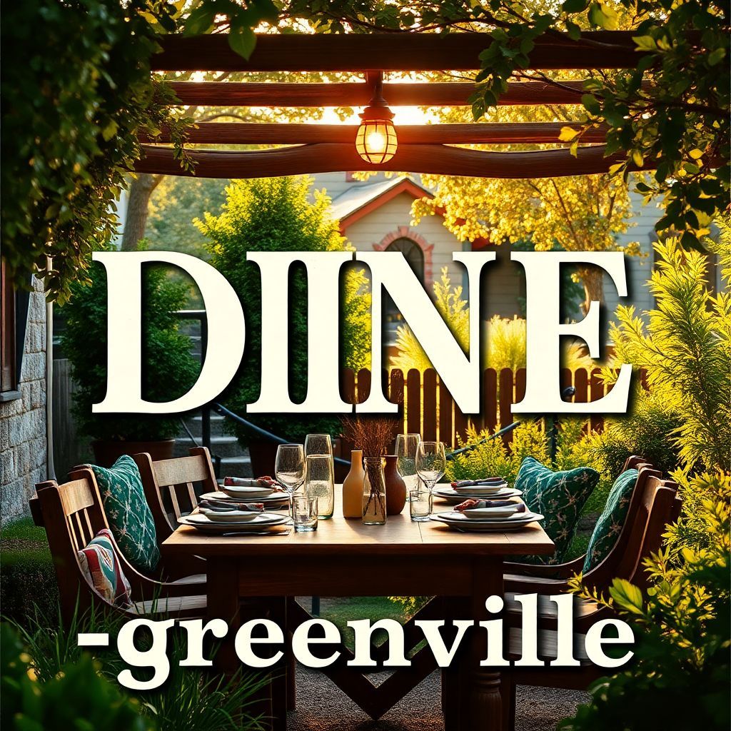 Folk AI Album Cover — A rustic folk album cover featuring a warm, inviting table set for a meal in a lush outdoor garden; integrate the title "DINE-greenville" in vintage-style lettering, soft golden hour lighting and vibrant greenery, highly detailed and photorealistic, evoking warmth and community spirit