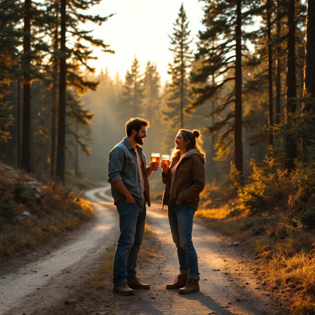 Country AI Album Cover — A cinematic country-themed album cover featuring two friends in denim jeans, raising glasses on a dirt road at sunset, warm golden hues illuminating the pines, highly detailed and photorealistic, 8K resolution, capturing the essence of friendship and nostalgia, joyful atmosphere