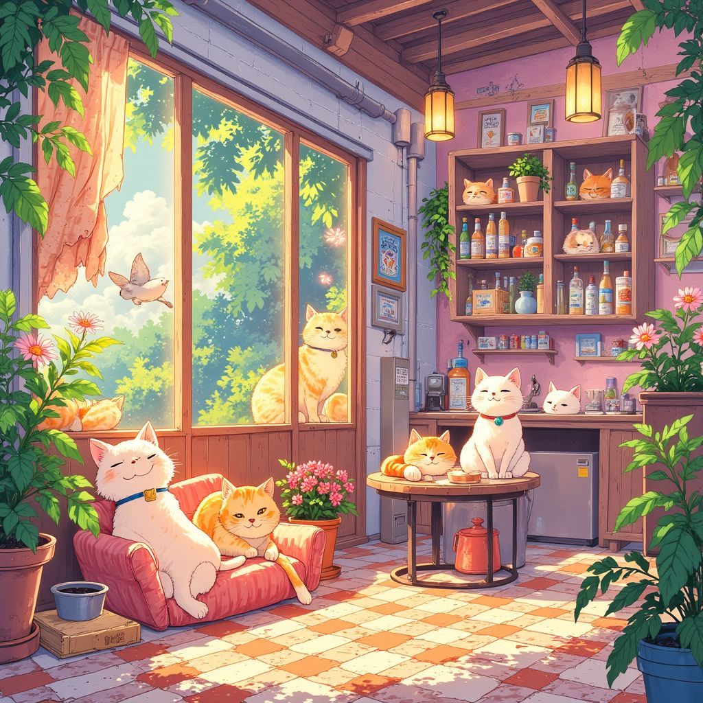 J-Pop AI Album Cover — A whimsical J-Pop album cover featuring a colorful cat café scene with playful cats lounging; vibrant pastel colors, soft dreamy lighting, cartoonish style, cozy atmosphere, highly detailed, capturing the joy and warmth of cats, 8k resolution