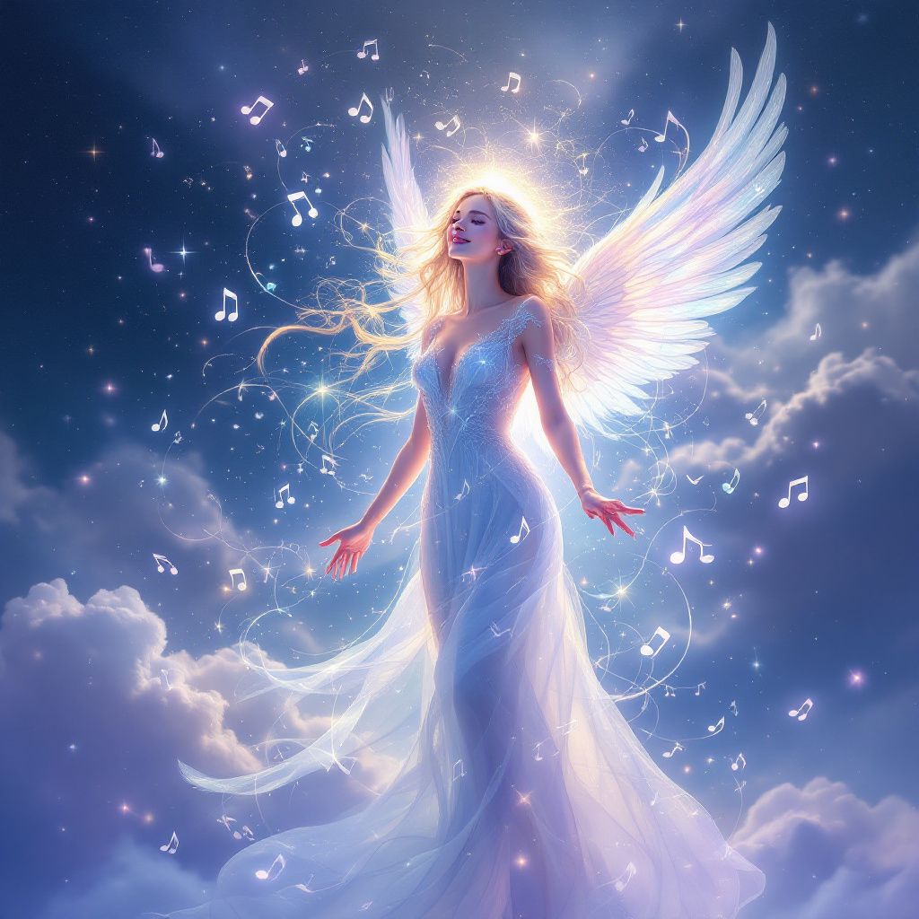 Gospel AI Album Cover — Angelic figure surrounded by celestial music notes, heavenly and serene, soft glow, cool blue and lavender palette, masterpiece quality, high resolution
