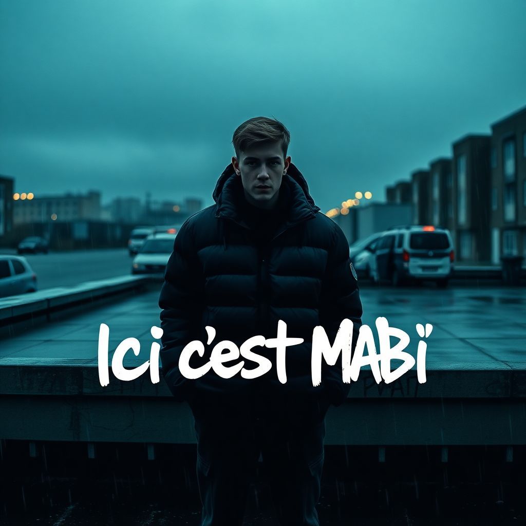 Rap AI Album Cover — A dark urban album cover titled "Ici c‘est Mabø", featuring a lonely young man in a black puffer jacket on a rainy rooftop; gritty cinematic aesthetic, deep blue-grey tones, dramatic lighting, realistic street atmosphere, integrated graffiti typography for the title, high detail, streetwear vibe, moody ambiance, 8k resolution.