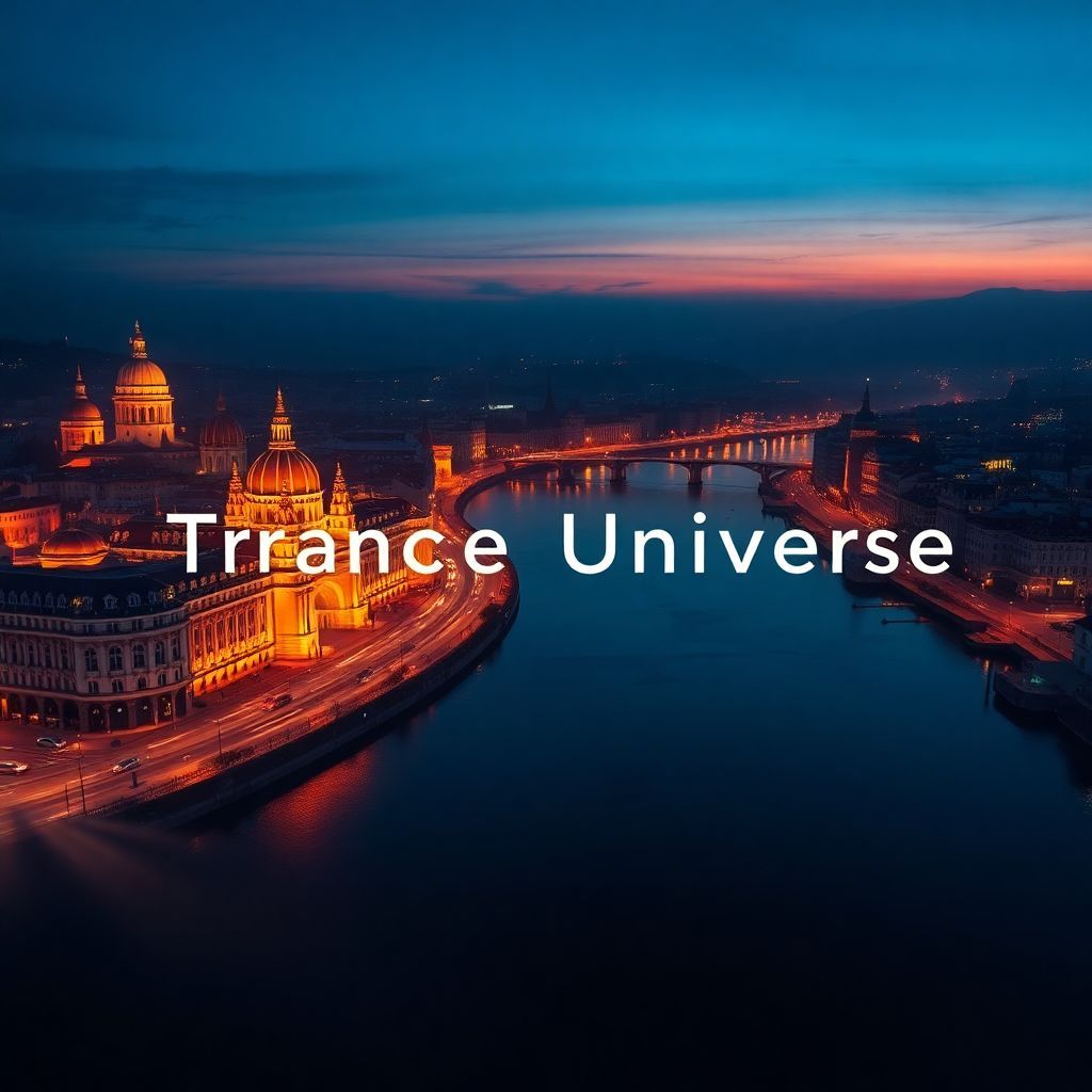 Trance AI Album Cover — A cinematic night view of Budapest, captured from above, featuring the Danube River glowing under warm golden city lights, incorporating the text 'Trance Universe' in sleek, modern font; deep blue and purple tones, light mist for atmosphere, ultra-high detail, photorealistic, captivating trance feel.