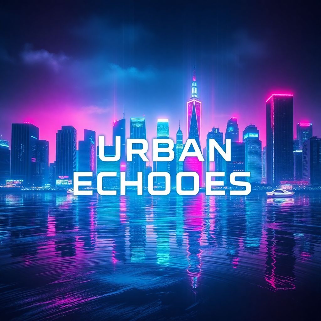 Techno AI Album Cover — A stunning techno album cover for "Urban Echoes", featuring an abstract city skyline with pulsating neon lights reflecting on water; surreal and vibrant colors in shades of blue and purple, highly detailed, cinematic lighting creating a moody atmosphere, integrated title text in a futuristic font, 8k resolution.