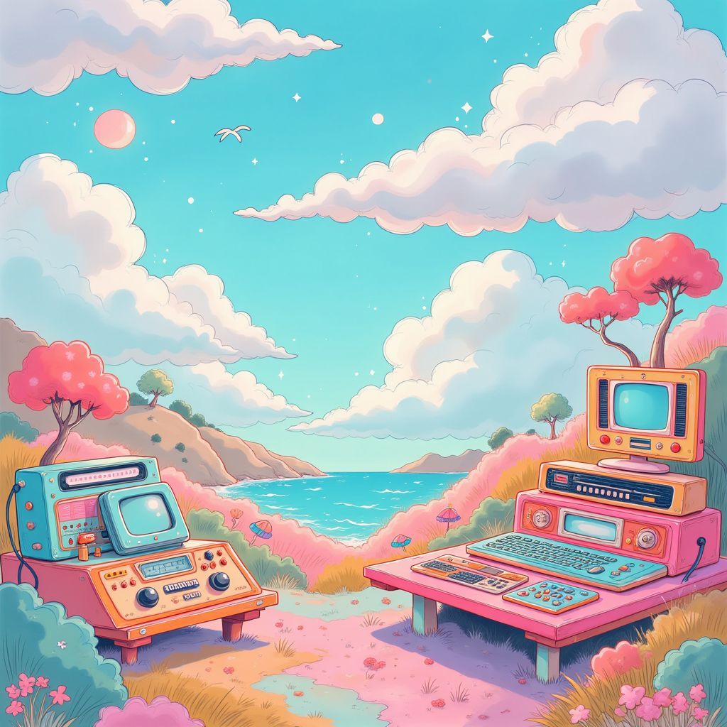 Electronic AI Album Cover — A whimsical illustration featuring a dreamy landscape with giant floating clouds, a colorful collage of vintage electronic devices, vibrant pastel colors and ethereal lighting; abstract elements intertwining, highly detailed, capturing a chill and relaxing vibe, 8k resolution