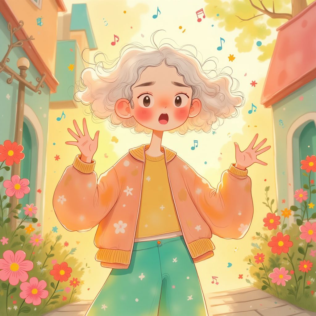 Gospel AI Album Cover — A whimsical illustration of a young person with pastel-colored hair singing joyfully on a sunlit street filled with vibrant flowers, surrounded by abstract musical notes floating in the air, in a surreal ethereal style; soft golden lighting, colorful palette of pinks, yellows, and greens, highly detailed 8k quality, conveying themes of joy and celebration