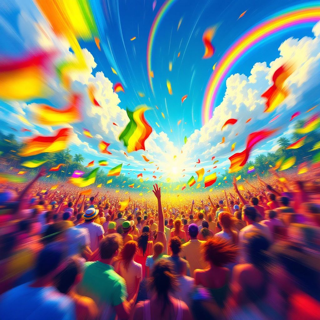Reggae AI Album Cover — Reggae festival with colorful flags, abstract style, vibrant motion blur, bright lights and rainbows, joyful atmosphere, highly detailed, high resolution, professional quality.
