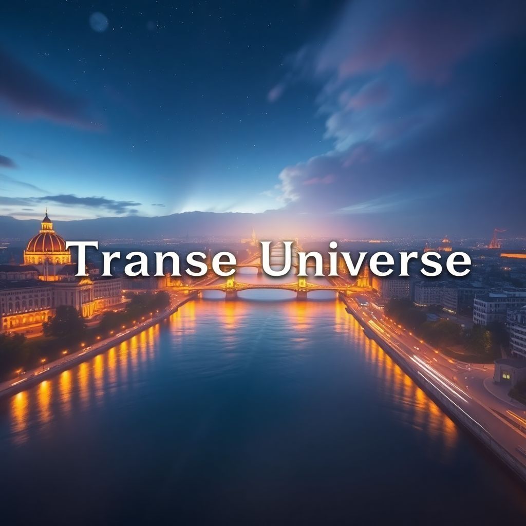 Trance AI Album Cover — An ethereal aerial perspective of Budapest illuminated by golden lights reflecting in the Danube River, with the title 'Trance Universe' artfully integrated; surreal and dreamy atmosphere with deep blues and purples, showcasing long exposure effects and highly detailed photorealism.