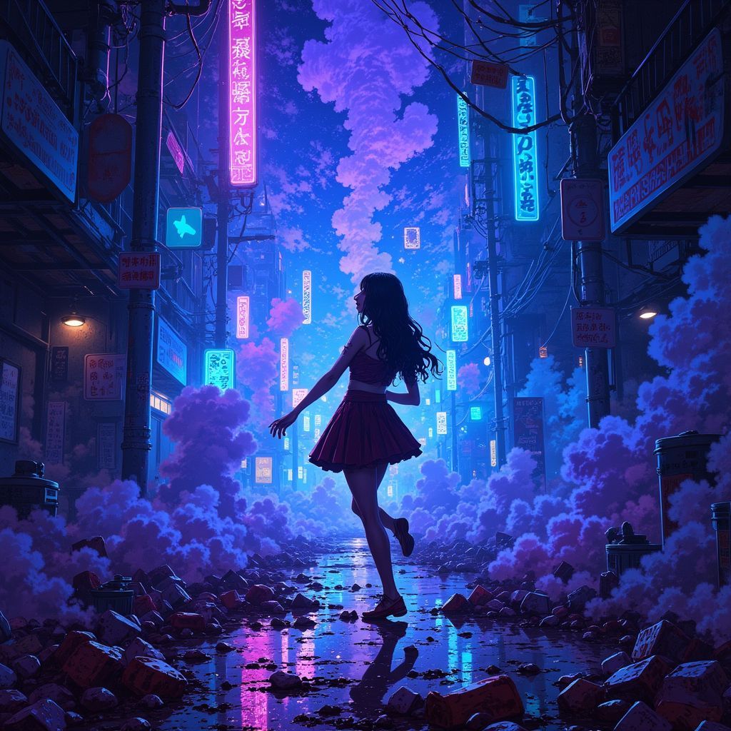 Alternative AI Album Cover — A surreal album cover featuring a shadowy figure dancing amidst shattered glass under neon lights, surrounded by ethereal wisps of fog; a vibrant color palette of deep blues and purples with contrasting highlights; cinematic lighting, highly detailed elements, evokes emotions of longing and melancholy, 8k resolution