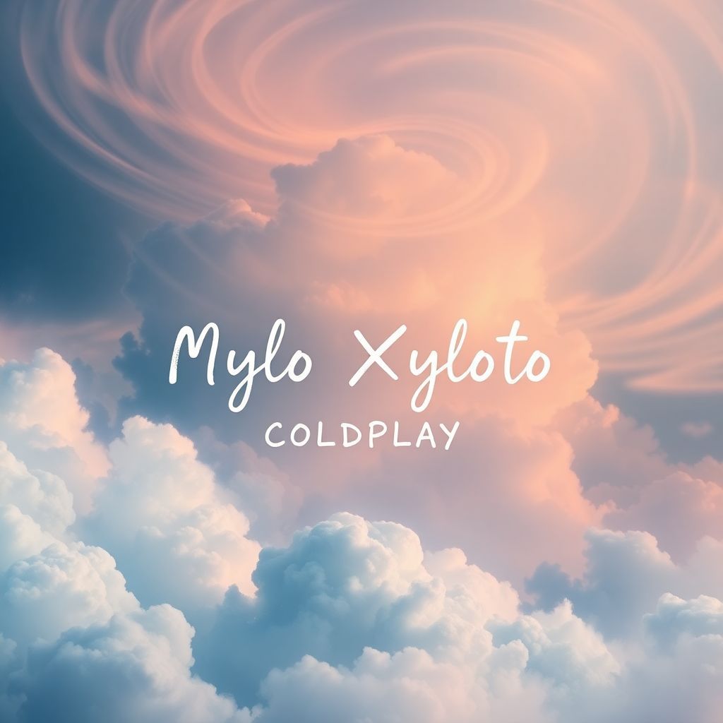 Lo-Fi AI Album Cover — A dreamy lo-fi album cover featuring swirling clouds and soft pastel colors; the title "Mylo Xyloto" integrated in a calm, handwritten font. Ethereal lighting creates a tranquil atmosphere, with splashes of watercolor texture for artistic depth; highly detailed, 8k resolution, moody yet uplifting vibe.