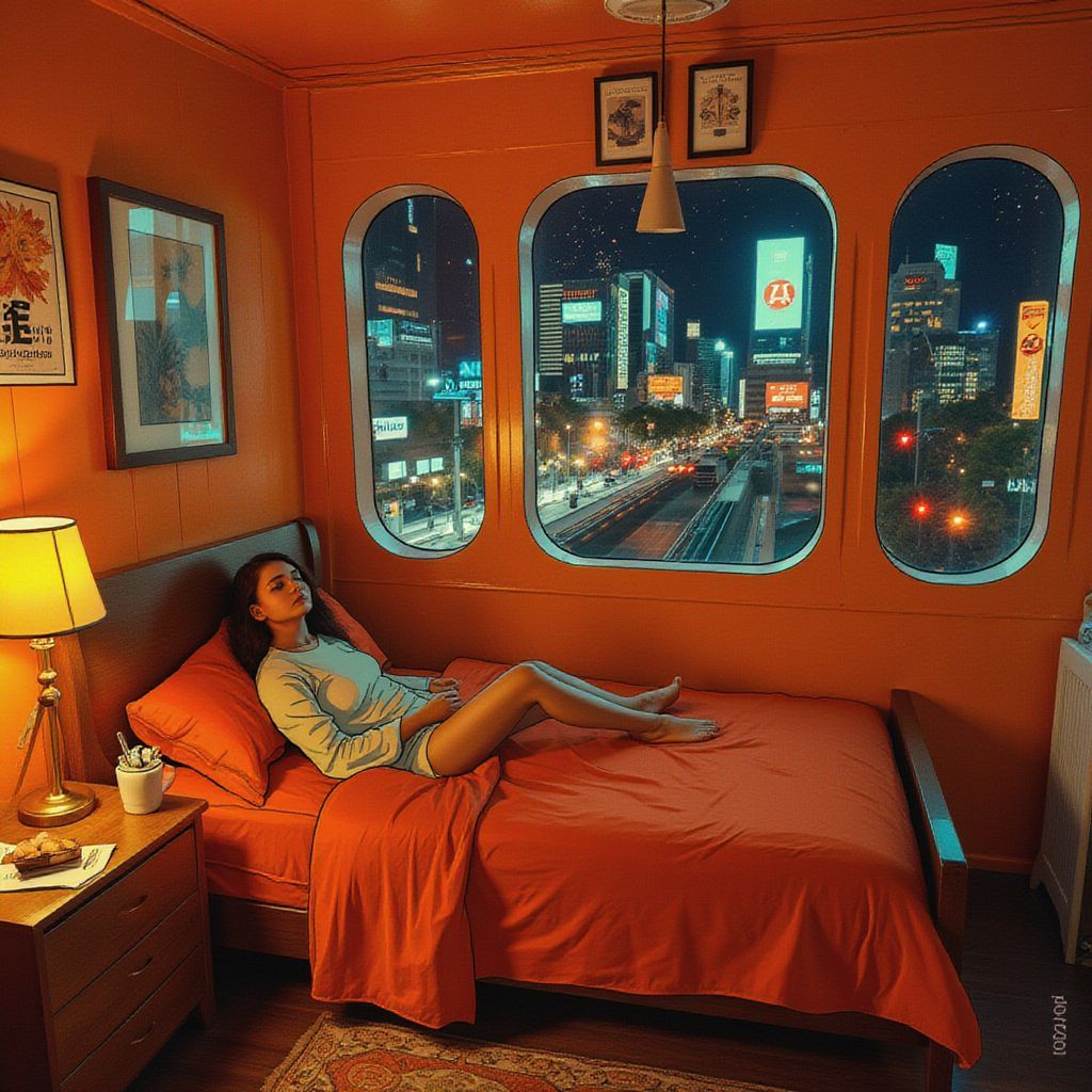 Lo-Fi AI Album Cover — A futuristic lo-fi album cover featuring a cozy bedroom on Autumn Platform 2090, with a young woman on a rust-colored bed, illuminated by warm orange and brass lights; outside, a cyberpunk cityscape glows with amber neon; highly detailed, half illustrated and half photo elements, soft whimsical lighting, tranquil atmosphere, 8k resolution.