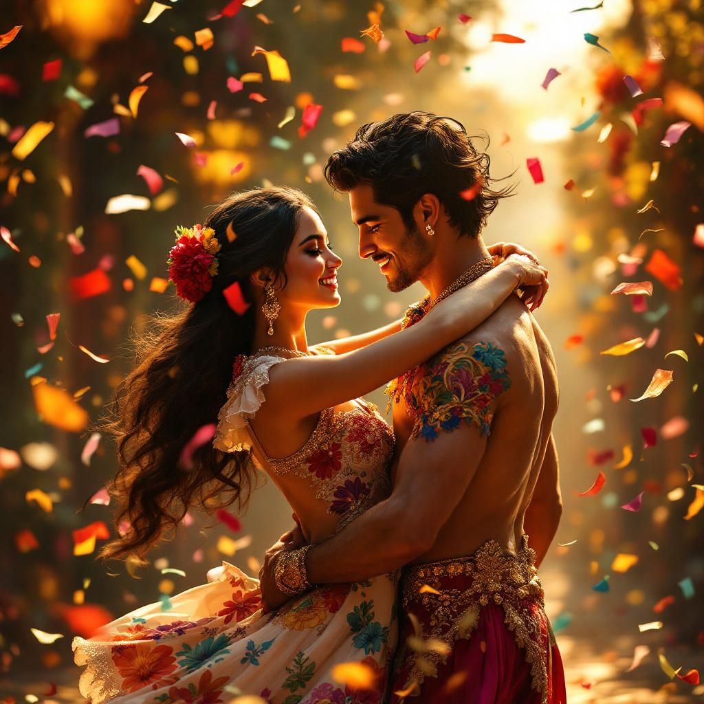 Latin AI Album Cover — A vibrant Latin music album cover featuring two dancers in traditional attire, embracing in a dynamic pose, surrounded by colorful confetti and floral patterns; cinematic lighting with warm golden hues, 8k resolution, photorealistic detail, capturing the essence of connection and celebration, joyful atmosphere