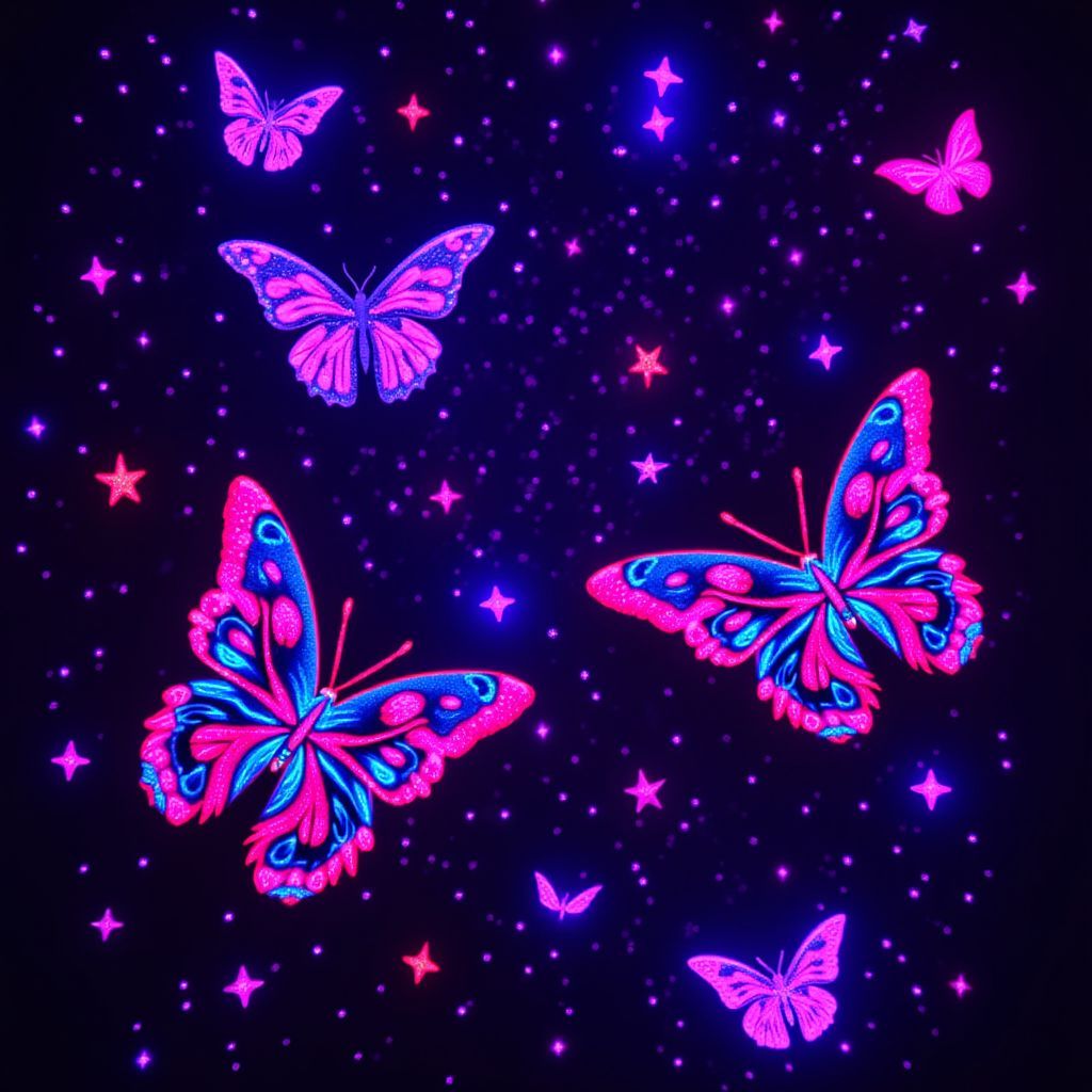 Trance AI Album Cover — A dreamy black light album cover showcasing a cosmic dance of neon butterflies and shimmering stars; vibrant colors like magenta and cyan, smooth flowing movements, whimsical feel, sharp focus, photorealistic textures in 8k.