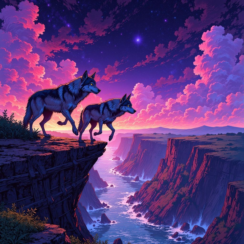 Punk AI Album Cover — A surreal illustration of wolves majestically leaping off a cliff under a punk-inspired sky. These wolves are the focal point in a Ghibsky illustration style, with a dynamic and vibrant atmosphere, neon pinks and blues creating a moody, ethereal glow. Highly detailed, 8k resolution, the scene captures an emotional sense of rebellion and freedom, blending punk aesthetics with a mystical landscape.
