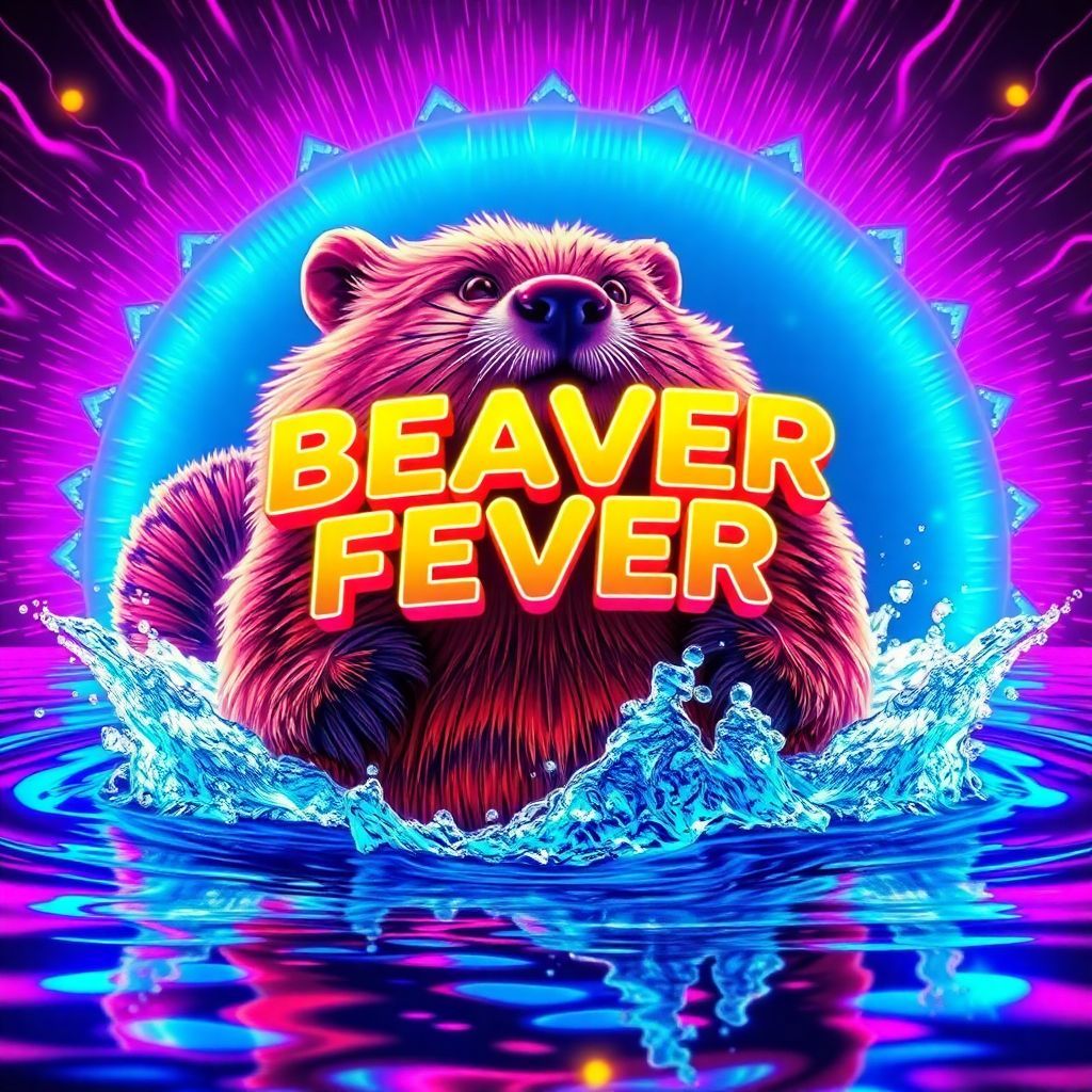 Synth-Pop AI Album Cover — A vibrant synth-pop album cover titled "Beaver Fever" featuring a playful, anthropomorphic beaver splashing in water; surreal colors and energetic waves, psychedelic patterns surrounding the title, highly detailed textures, bright neon pink and blue hues, cinematic lighting, energetic atmosphere, 8k resolution, perfect for capturing the lively theme of the song