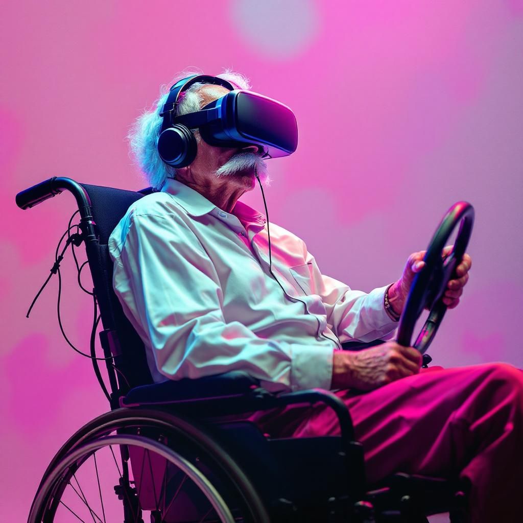 Indie AI Album Cover — A surreal album cover featuring an elderly man in a wheelchair with a white mustache, wearing a VR headset and gripping a steering wheel; minimalist background with negative space, subdued color palette with vibrant accents, ethereal lighting creating a thought-provoking atmosphere, highly detailed, professional quality, 8k resolution.