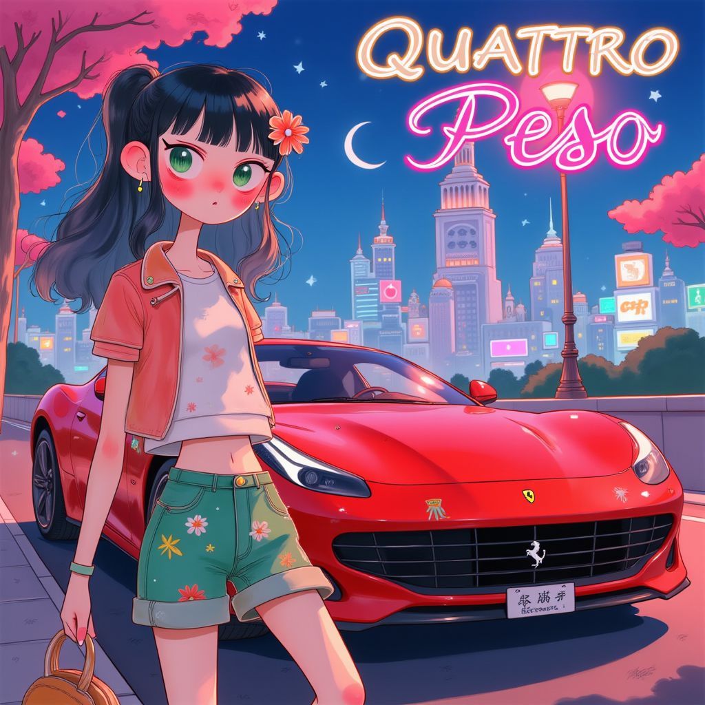 Funk AI Album Cover — A vibrant anime-style album cover featuring a beautiful girl with stunning blue-green eyes, adorned in a flower decal, standing confidently beside a sleek Ferrari, against a neon city backdrop; bright colors, sharp focus, high detail, whimsical and energetic atmosphere, Quattro Peso title in elegant font, highly detailed, 8k resolution