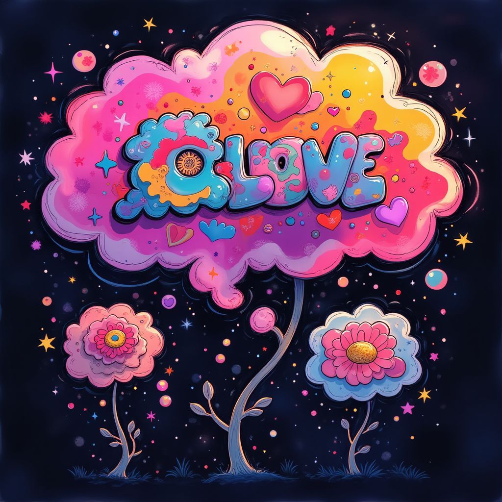 Hip-Hop AI Album Cover — A vibrant hip-hop album cover featuring an abstract, swirling thought bubble filled with colorful graffiti art, radiating energy and love; bold colors like pink, purple, and yellow against a dark background, highly detailed with a street-art flair, 8k resolution, surreal atmosphere