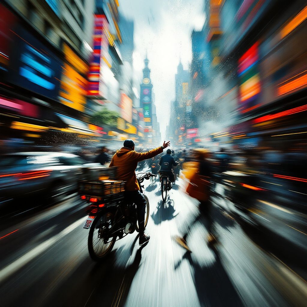J-Pop AI Album Cover — Black and white duo-tone of a bustling street, motion blur effects, cinematic and abstract, dramatic lighting, varied grays with splashes of color, sharp focus