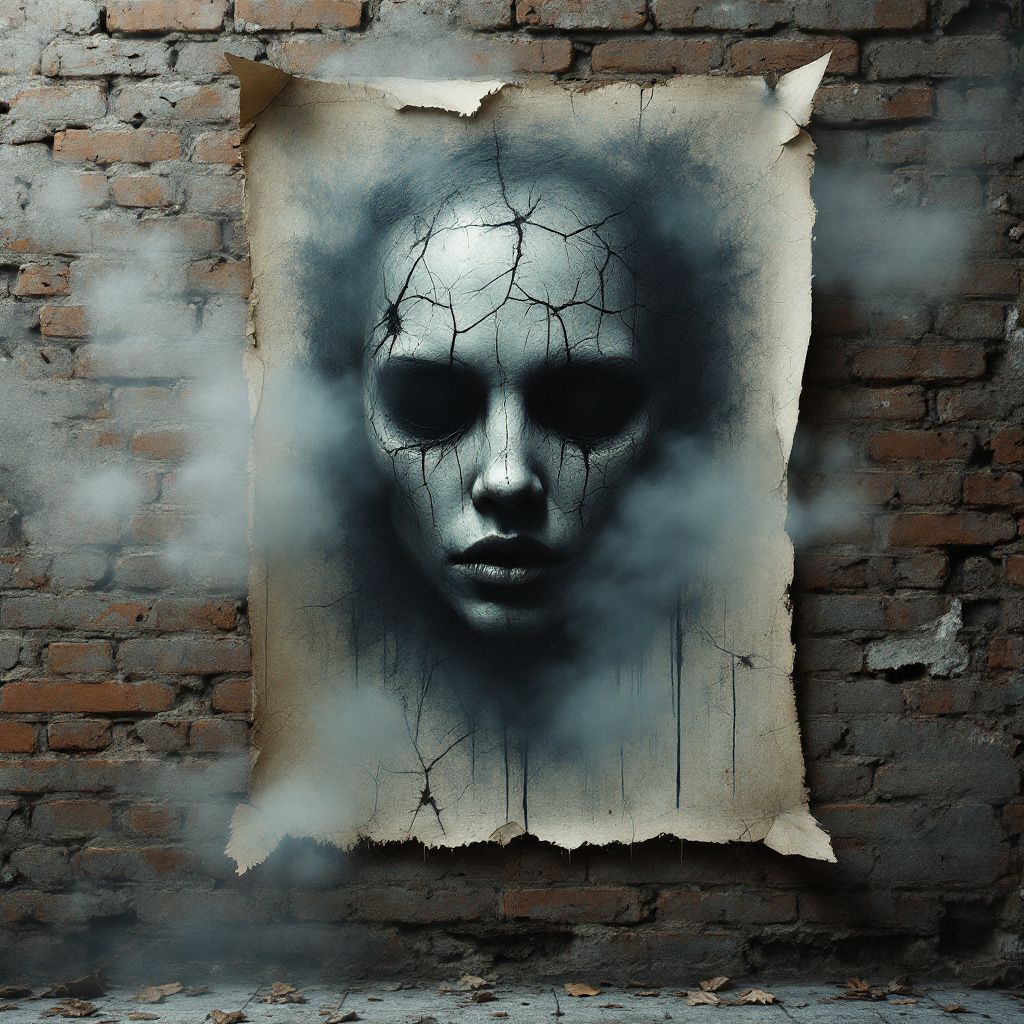 Grunge AI Album Cover — A torn poster on a brick wall, featuring a distressed face, grunge with abstract elements, desaturated colors with a hint of teal, ethereal fog, sharp focus, highly detailed, 8k