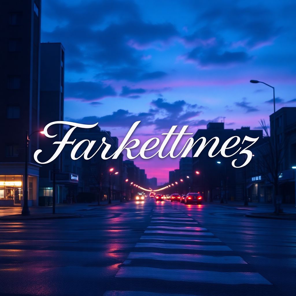 R&B AI Album Cover — A surreal R&B album cover featuring a dreamy cityscape at twilight, the title "Farketmez" prominently integrated in elegant, flowing typography; vibrant blues and purples create a moody atmosphere, softly glowing streetlights reflecting on wet pavement, 8k resolution, highly detailed, ethereal lighting.
