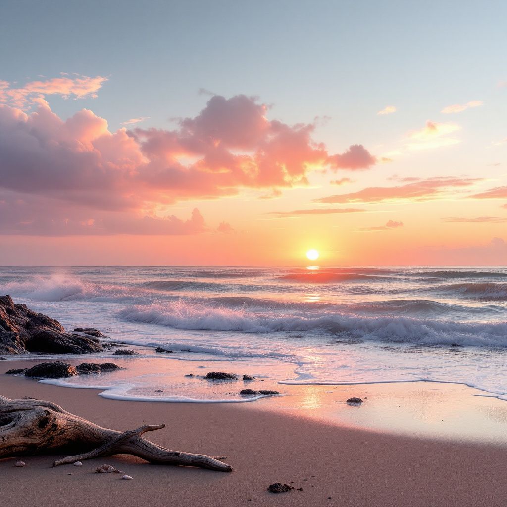 Latin AI Album Cover — A serene beach sunset, photorealistic vibe, calm waves and distant horizon, pastel pinks and oranges, subtle reflections, highly detailed and peaceful atmosphere