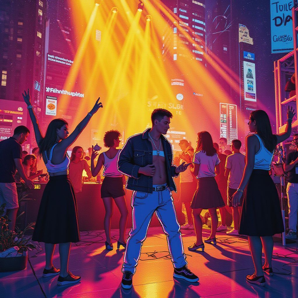 House AI Album Cover — A vibrant album cover for 'Duplicate - Get The Feeling', featuring an abstract house party scene, half illustrated and half photorealistic, with people dancing, colorful lights and reflections; uplifting, cinematic lighting, a palette of warm colors like orange and yellow, and cool blues, highly detailed and dynamic, creating an energetic atmosphere