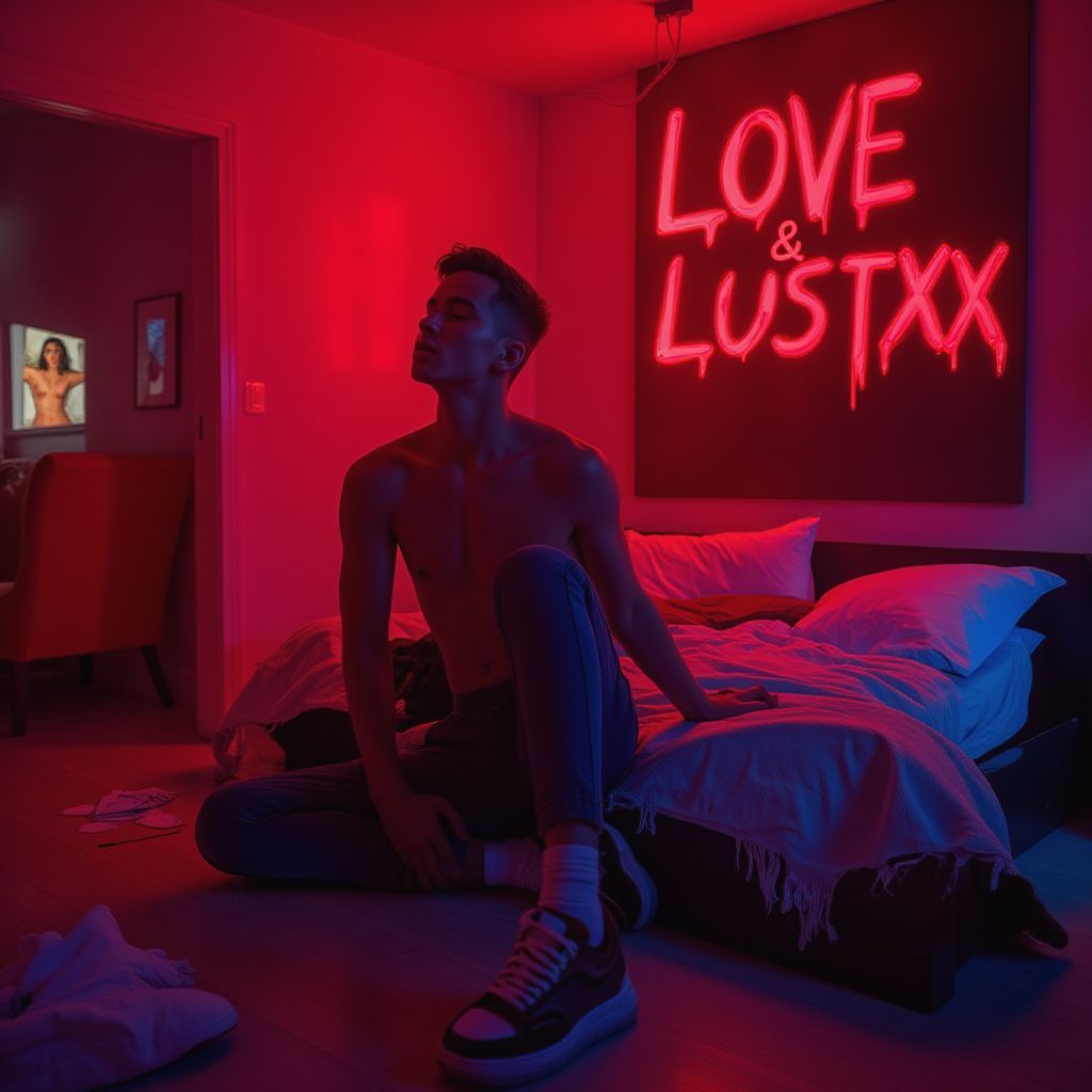 Reggaeton AI Album Cover — A moody bedroom scene illuminated by red neon lights; a male figure sits shirtless on a messy bed, half in red, half in blue, with a translucent feminine silhouette in the background; metallic graffiti reads 'L0v3 & LustXXX', highly detailed, soft shadows, melancholic eroticism, 8K resolution