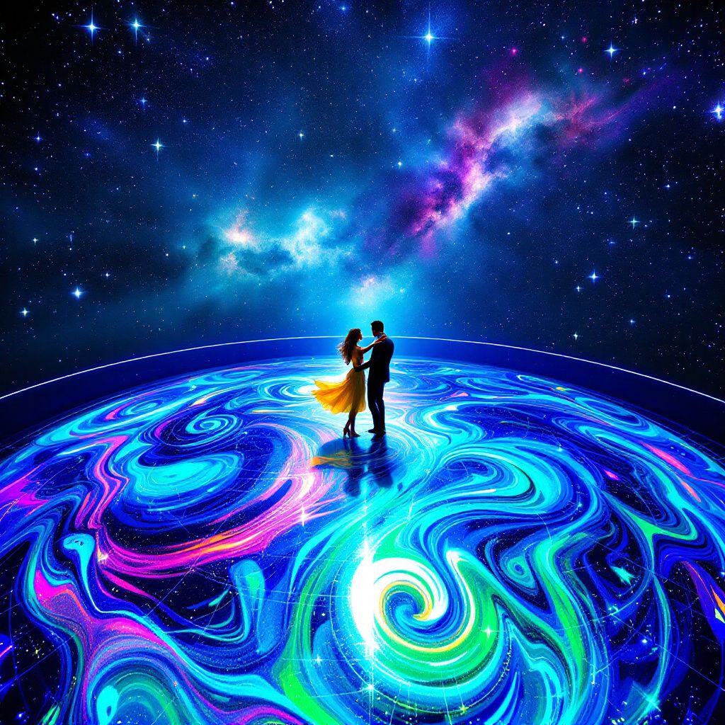 EDM AI Album Cover — A celestial EDM dance floor under starry sky, ethereal with vibrant colors, fisheye lens effect, cosmic lighting, photorealistic and crisp detail